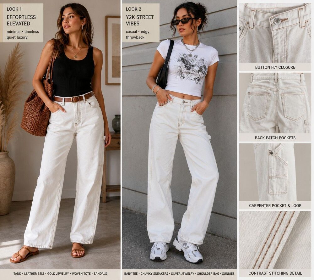 S.O.N.G. Women 7/28 Carpenter 90s Boyfriend Jeans White Wide Leg Utility Y2K
